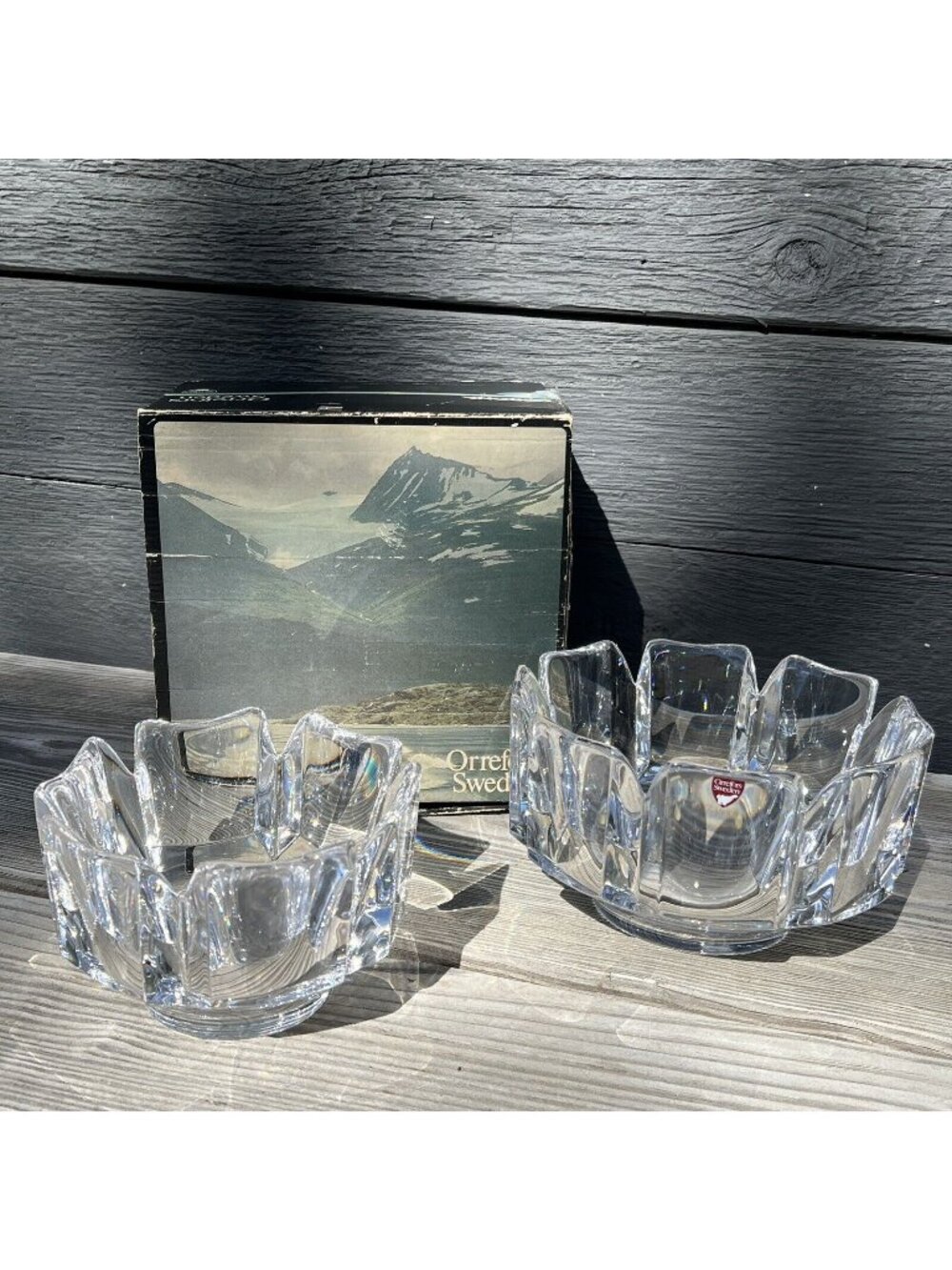 Set Orrefors Sweden Crystal CORONA Lars Hellsten Skal Bowl 7.38" & 5.75" Signed